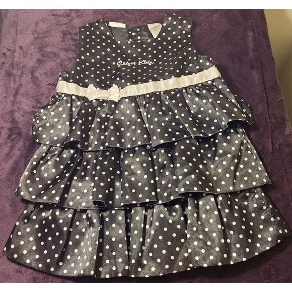 Calvin Klein 24 Months Black with White Polka Dots and Bow Half Zip Tank Dress - Picture 1 of 4